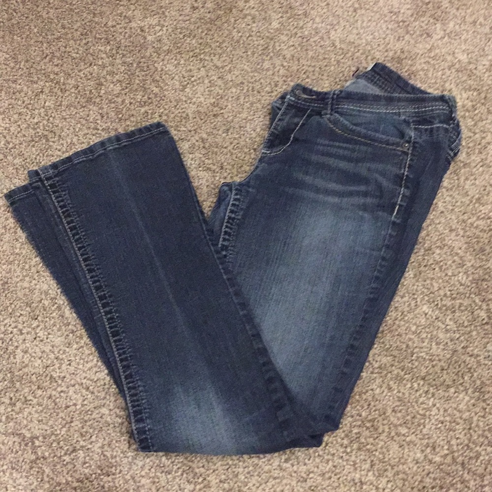 Dark, distressed, Mudd jeans.